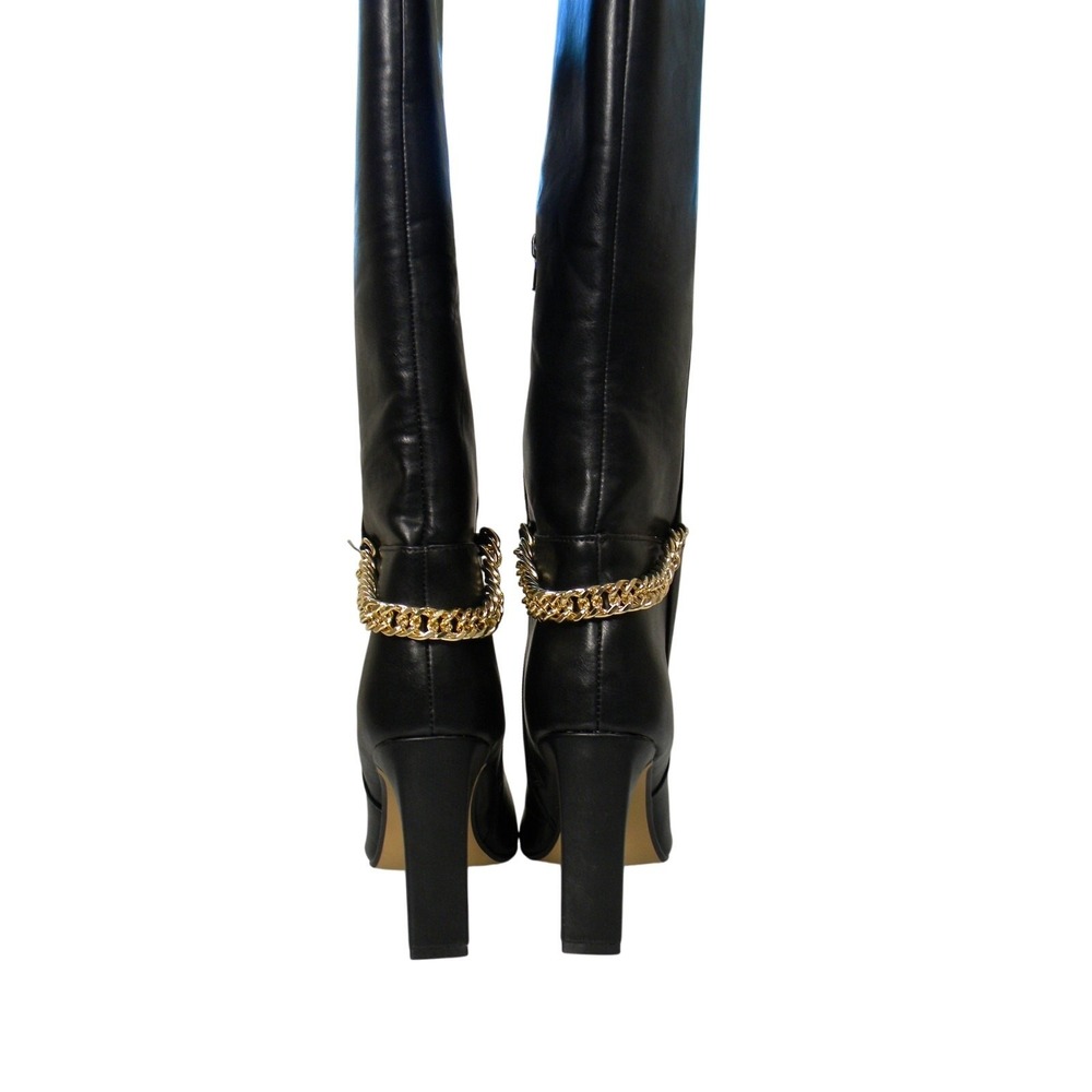 Express Women's Black Tall Boot Heel Gold‎ Chain Size 8 Sexy Vegan Leather Hot - Picture 6 of 7
